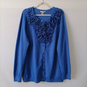 NWT E-vie Womens Cobalt Blue Long Sleeve Ruffle Trim Cardigan Sweater Size 2X